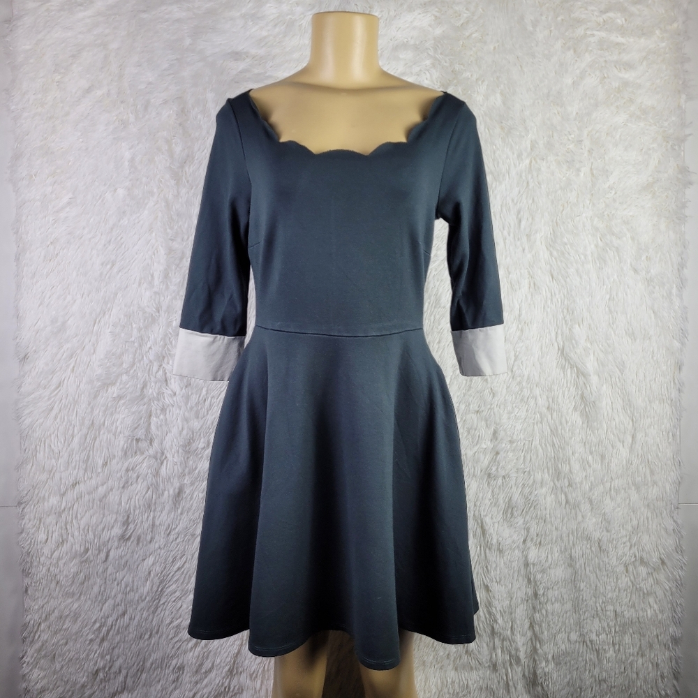 Smak Parlour Green‎ Scallop Collar 3/4 Sleeve Mini Dress Pin Up Retro Sz S Twee